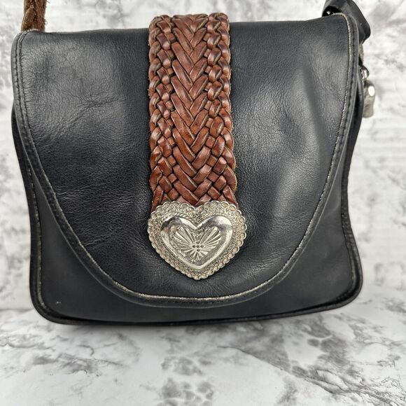 Vintage Brighton Black Leather Crossbody Bag Purse Brown Leather Braided Strap - Picture 2 of 10